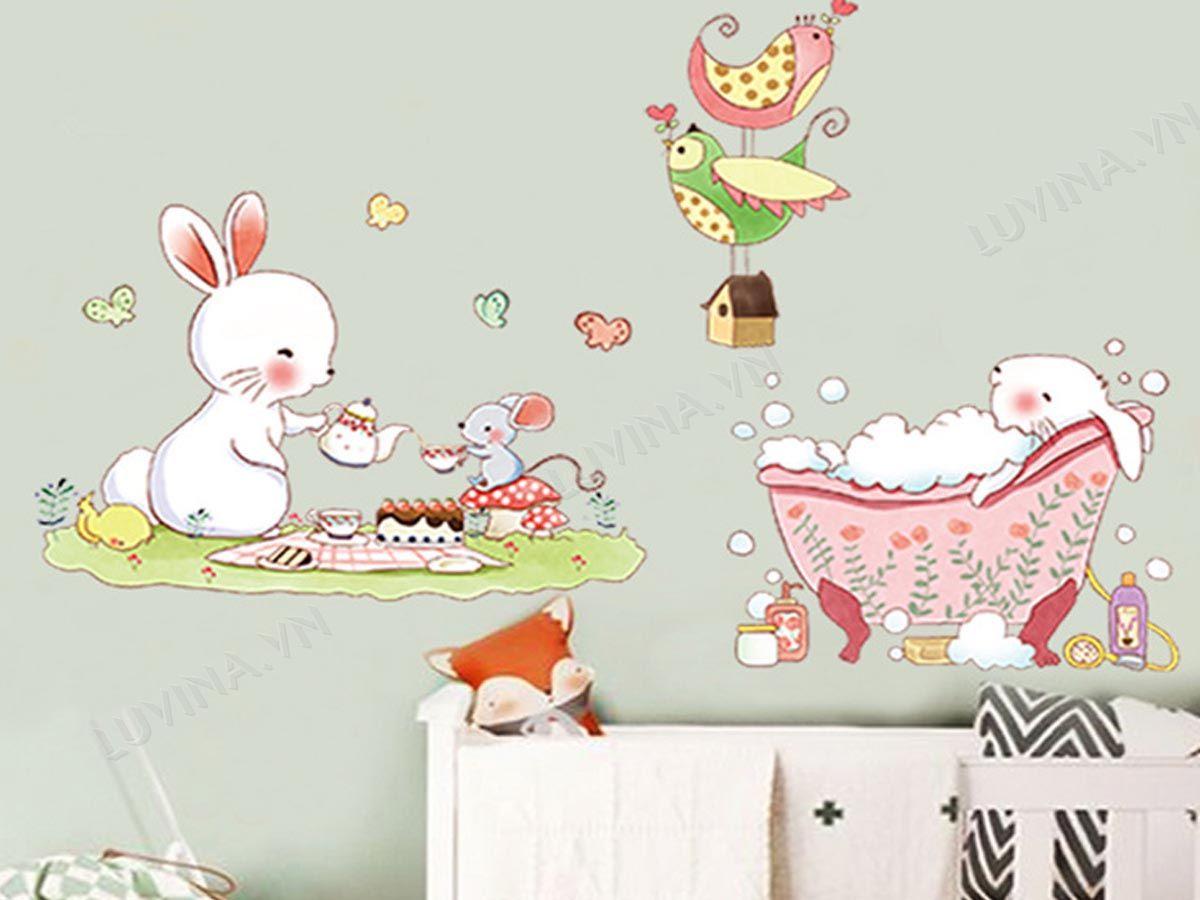 DECAL TRANG TRÍ THỎ UỐNG TRÀ