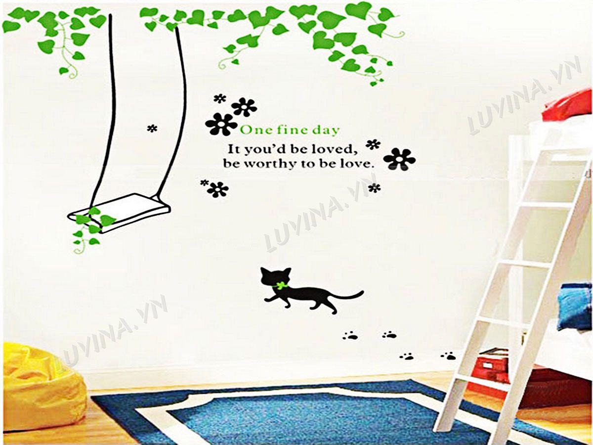 DECAL TRANG TRÍ MÈO XÍCH ĐU XANH