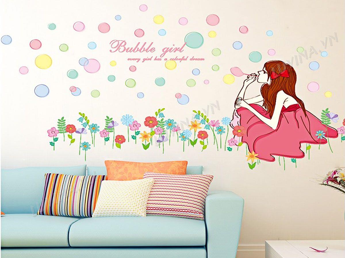 DECAL TRANG TRÍ CÔ GÁI THỔI BÓNG