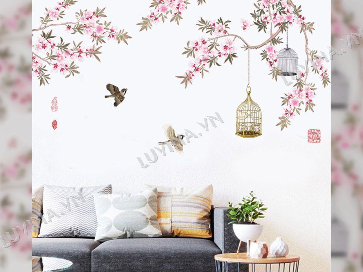 DECAL TRANG TRÍ CÀNH HOA ĐÀO VÀ LỒNG CHIM