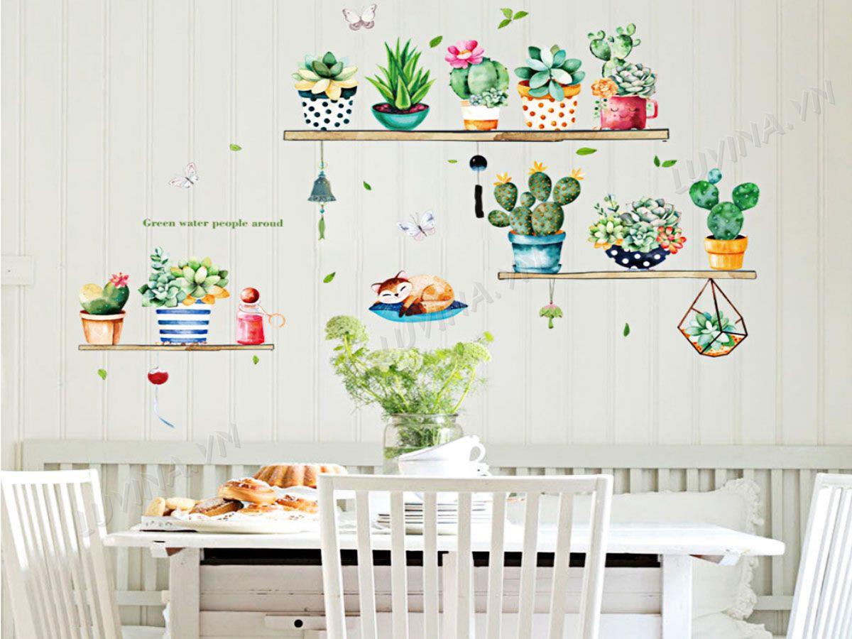 DECAL TRANG TRÍ KỆ CÂY CẢNH VÀ CON MÈO
