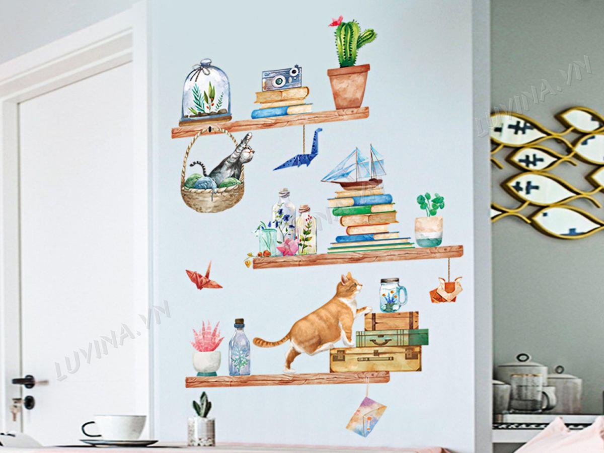 DECAL KỆ  SÁCH CON MÈO