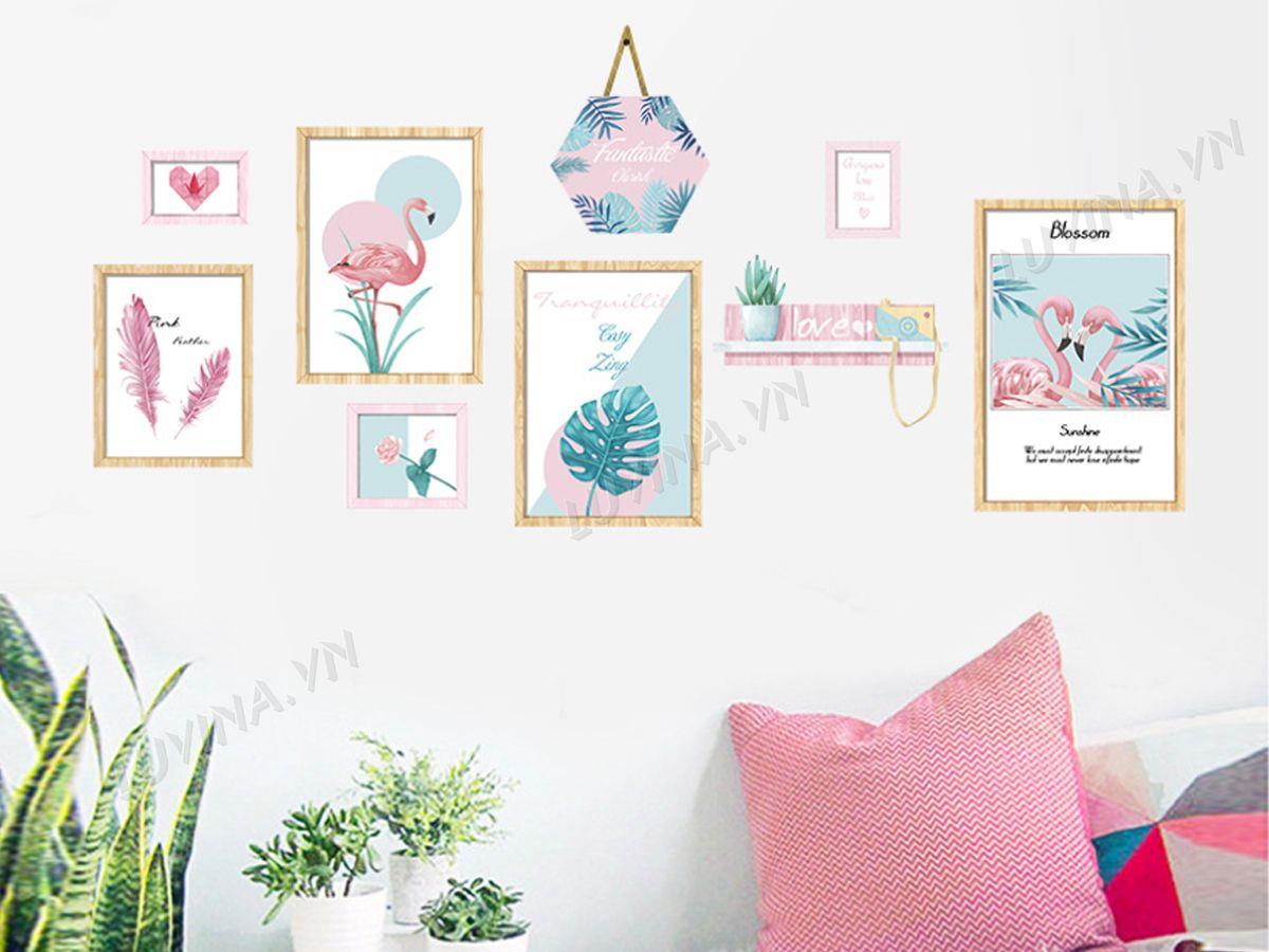 DECAL TRANG TRÍ  KHUNG ẢNH HẠC HỒNG LÁ XANH