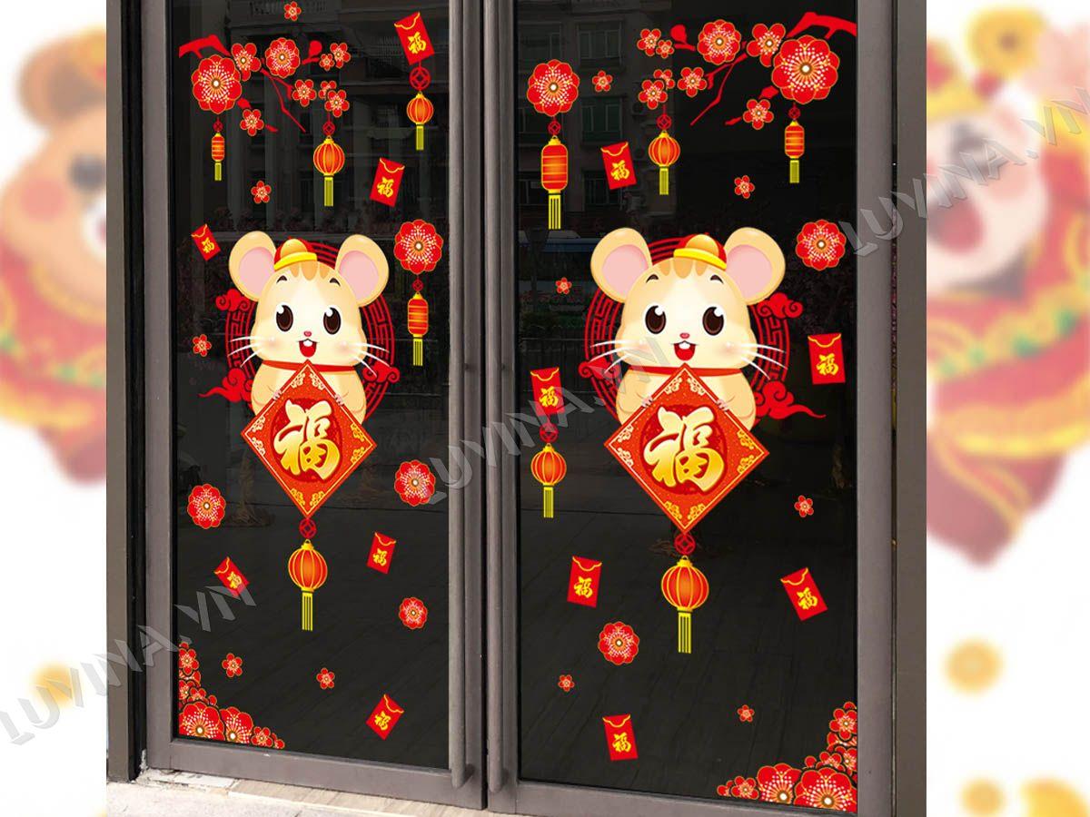 DECAL TRANG TRÍ TẾT HAI CHUỘT DÁN CỬA