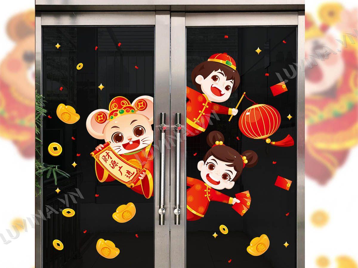 DECAL TRANG TRÍ TẾT CHUỘT THẦN TÀI NGÓ CỬA