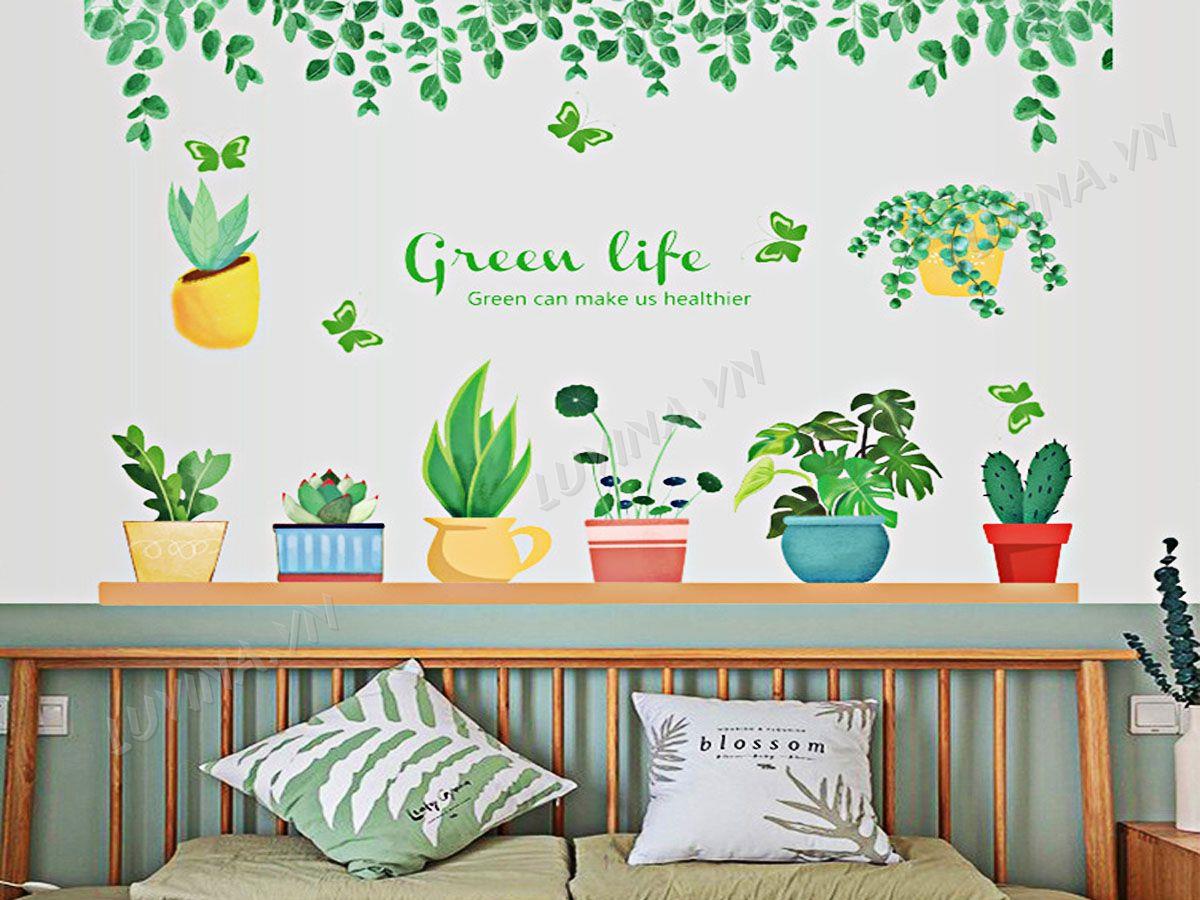DECAL TRANG TRÍ CHẬU CÂY VÀ TÁN LÁ GREEN