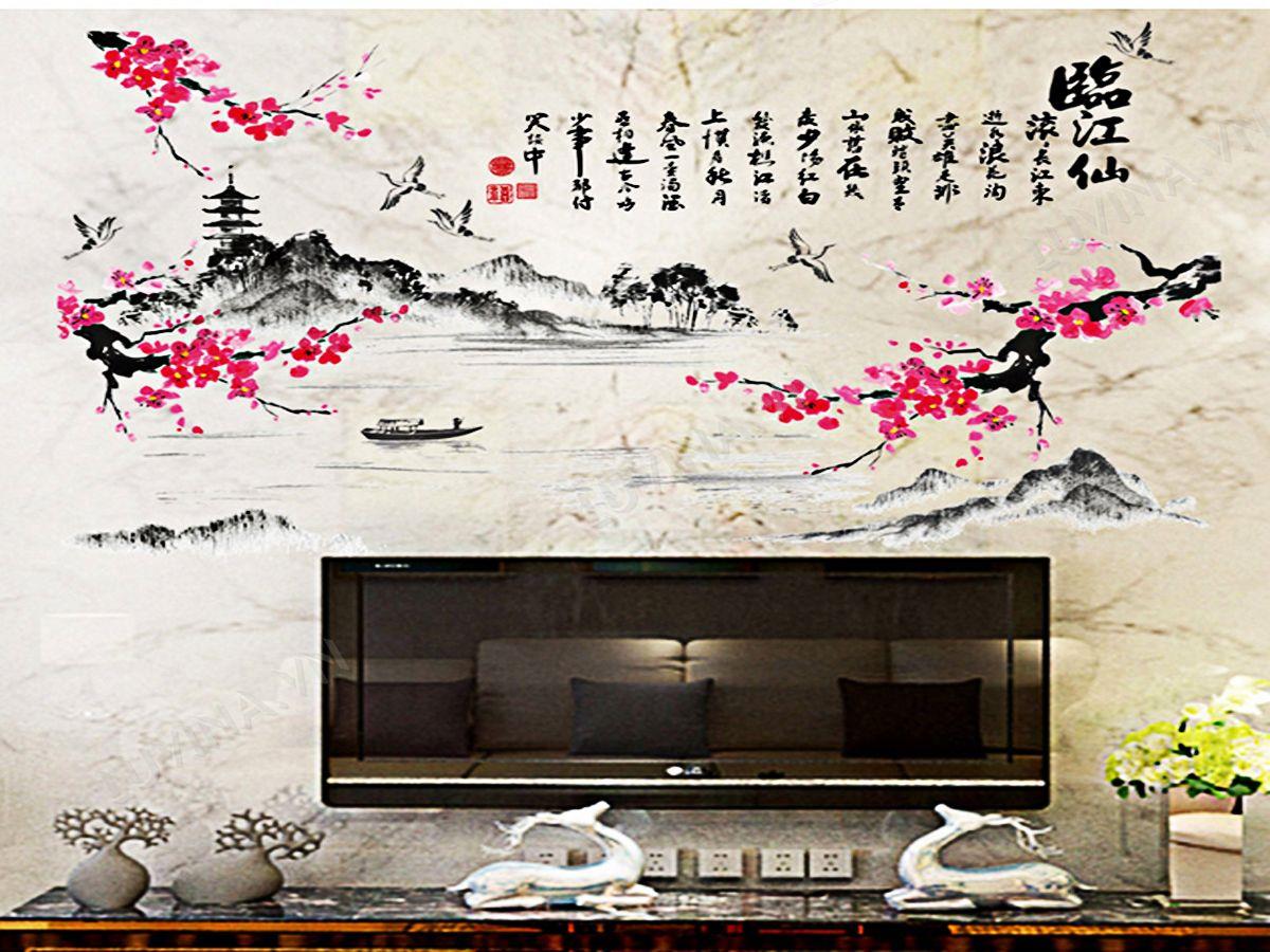 DECAL TRANG TRÍ ĐÀO ĐỎ PHONG THỦY