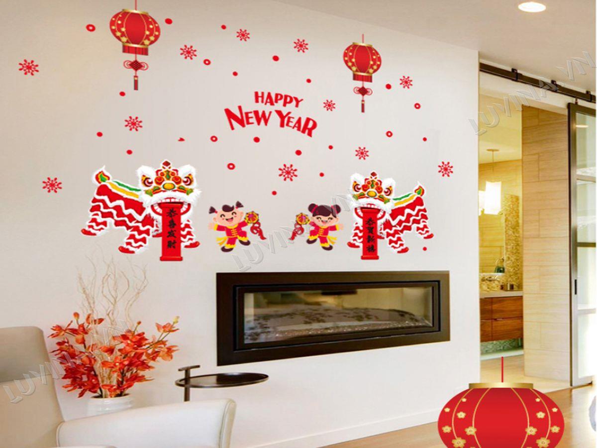 DECAL TRANG TRÍ TẾT CON LÂN ĐỎ DÁN TẾT