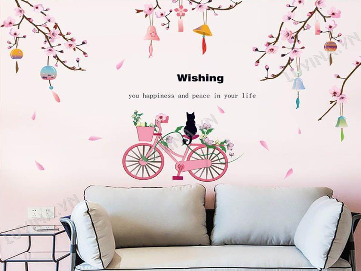 DECAL TRANG TRÍ MÈO NGỒI XE ĐẠP NGẮM HOA