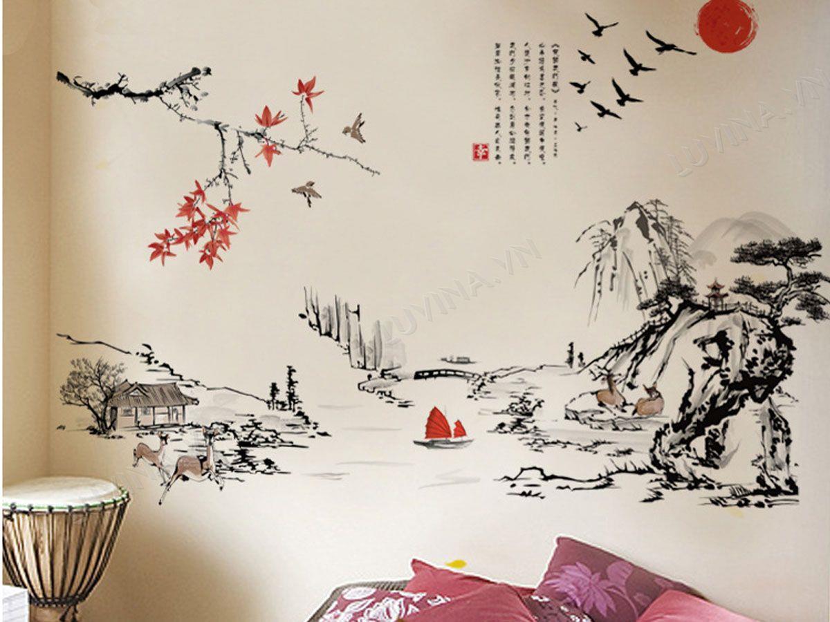 DECAL TRANG TRÍ TRANH PHONG THỦY LÁ ĐỎ