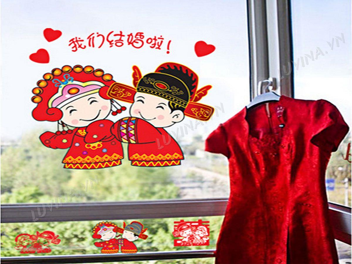 DECAL TRANG TRÍ CÔ DÂU CHÚ RỂ ĐỎ