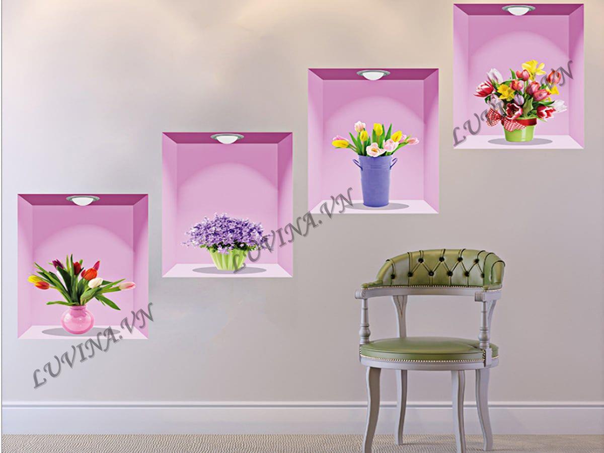 DECAL TRANG TRÍ 4 BÌNH HOA NỀN HỒNG