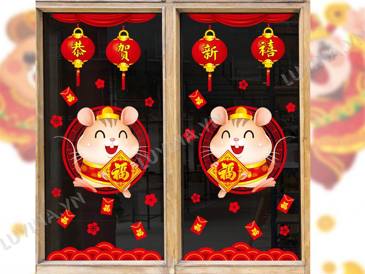 DECAL TRANG TRÍ TẾT CHUỘT LỒNG ĐÈN TREO CỬA