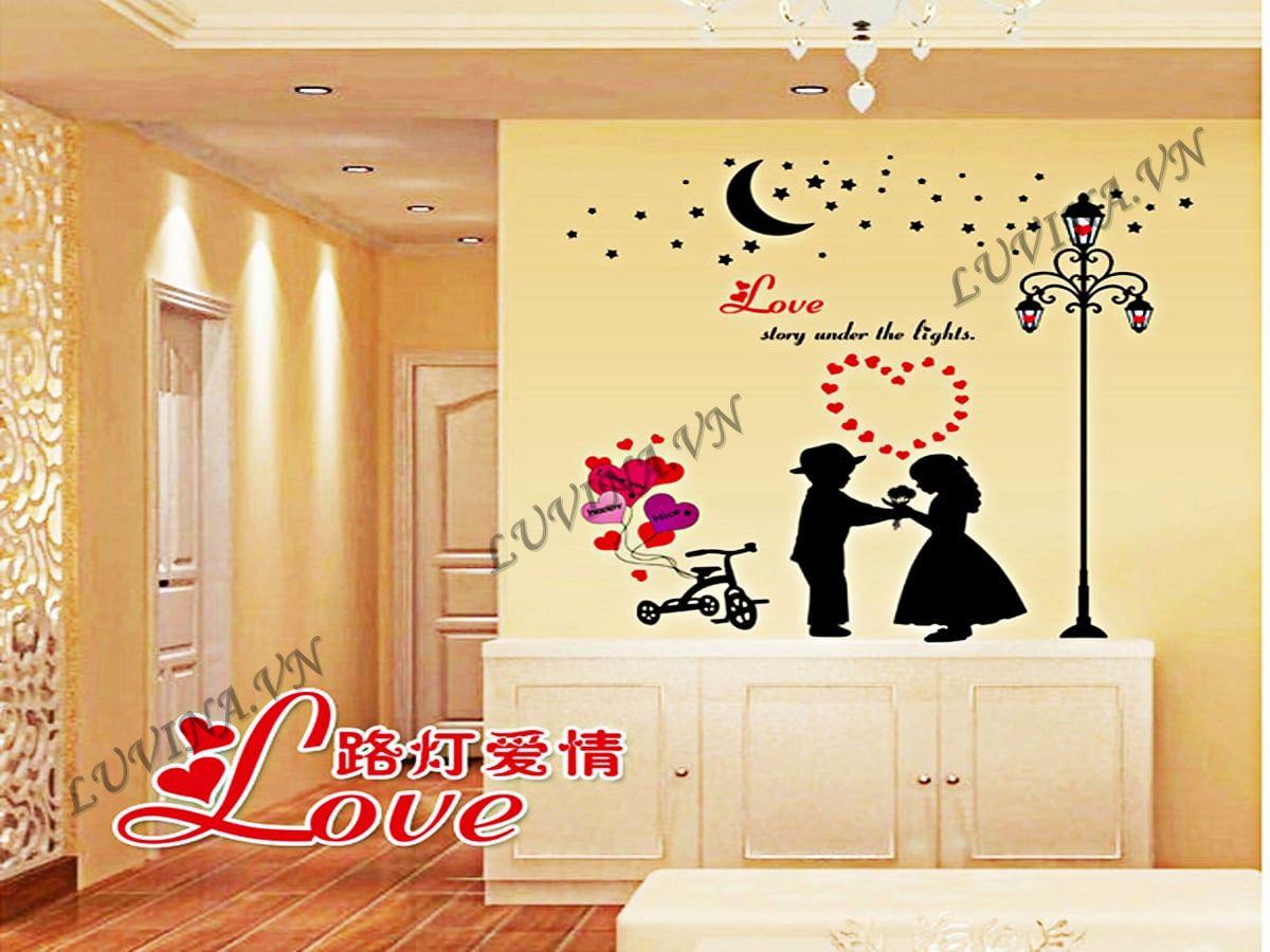 DECAL TRANG TRÍ ĐÔI UYÊN ƯƠNG TẶNG HOA 