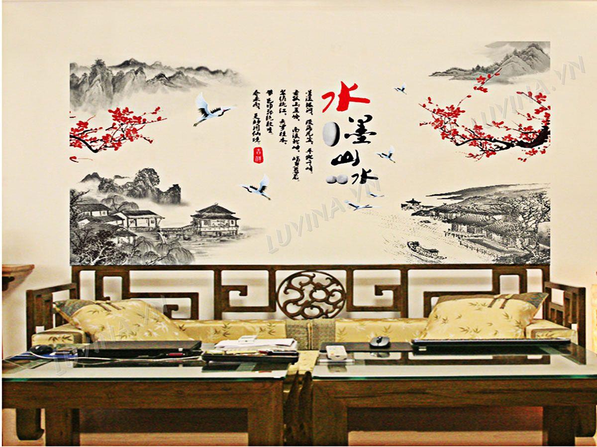 DECAL TRANG TRÍ TRANH PHONG THỦY ĐÀO ĐỎ