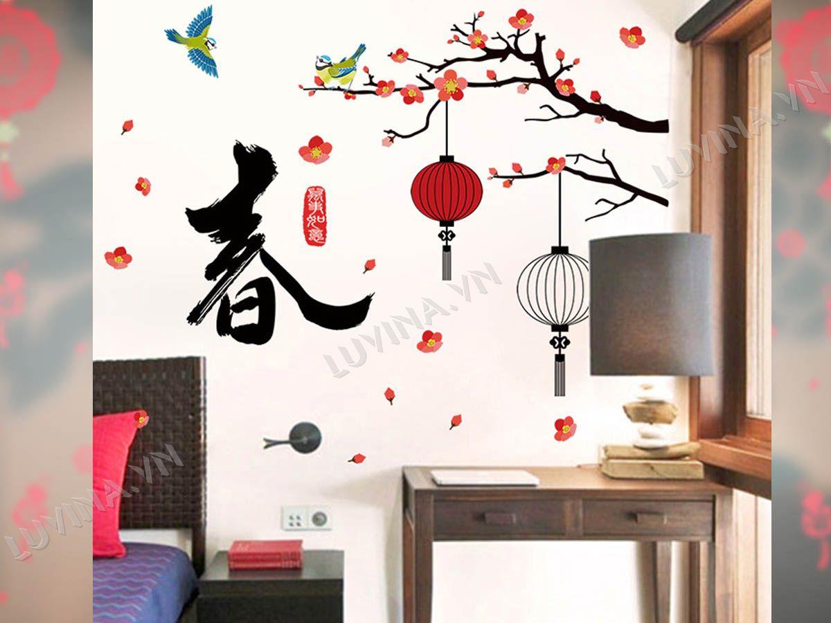 DECAL TRANG TRÍ CÀNH ĐÀO TREO ĐÈN LỒNG TRẮNG ĐỎ