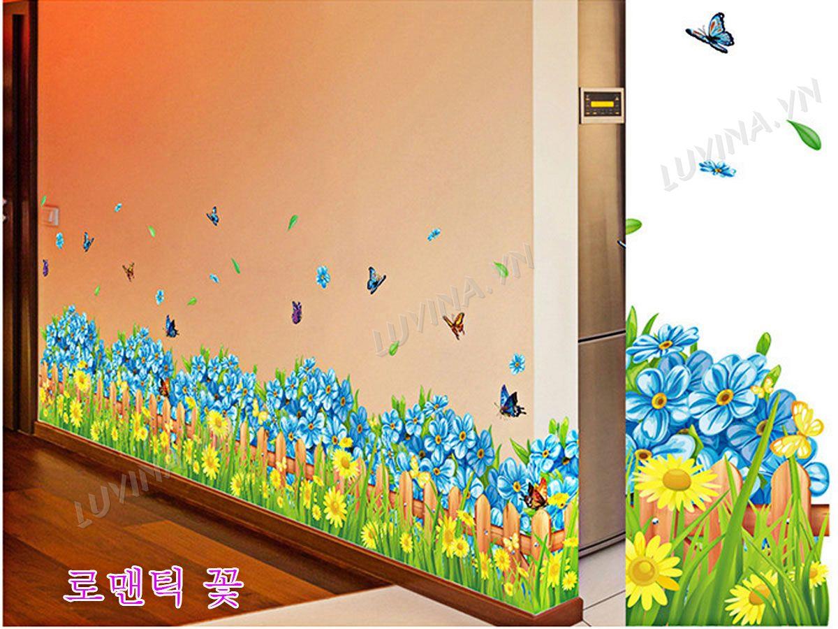 DECAL TRANG TRÍ CHÂN RÀO HOA XANH