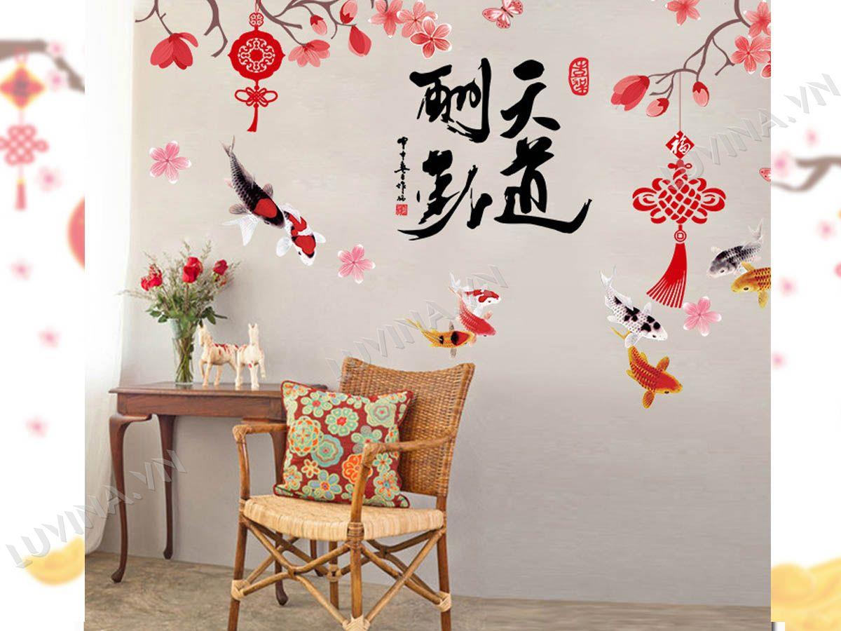 DECAL TRANG TRÍ CÀNH ĐÀO VÀ CON CÁ