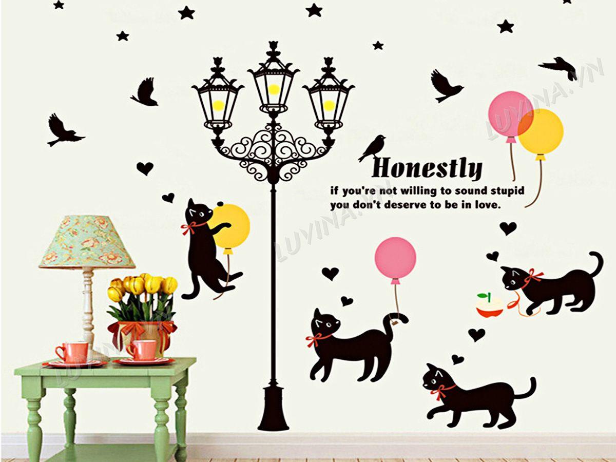 DECAL TRANG TRÍ CỘT ĐÈN VÀ ĐÀN MÈO ĐEN