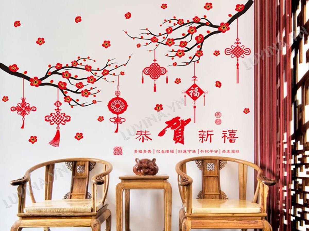 DECAL TRANG TRÍ TẾT DÂY TREO ĐÀO ĐỎ