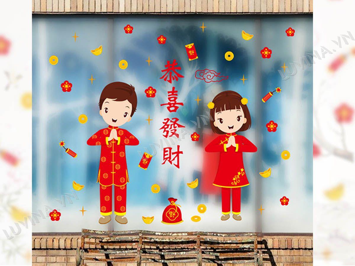 DECAL TRANG TRÍ TẾT  HAI BÉ ÁO DÀI CHÚC TẾT